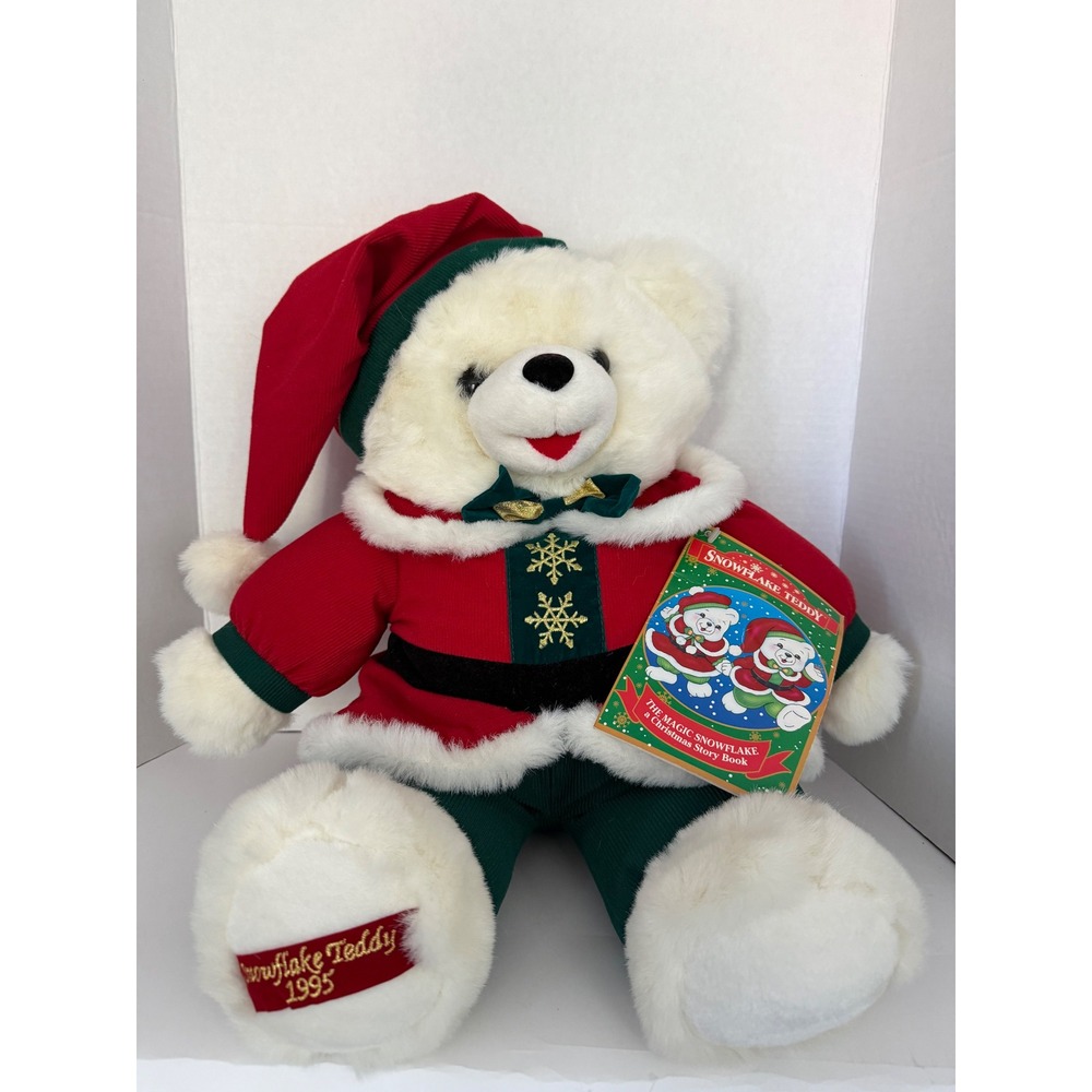 Vintage 1995 Snowflake Teddy White Bear Christmas Plush TB Trading Co 18in Red